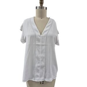 Neiman Marcus 100% polyester White Career Blouse V Neck Womens Sz L